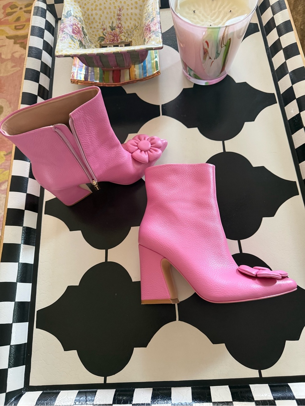 Pink Floral Appliqué Pointed-Toe Block-Heel Ankle Boots - Picture 3 of 10
